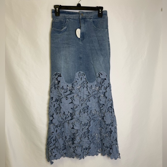 Pastel Dresses & Skirts - Pastels Clothing Blue Denim Maxi Skirt with Floral Lace Panel